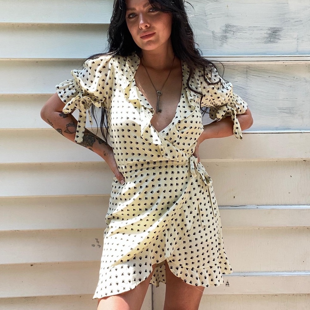 FOR LOVE AND LEMONS POLKA DOT HEART RETRO WRAP STYLE BOW PUFF SLEEVE DRESS